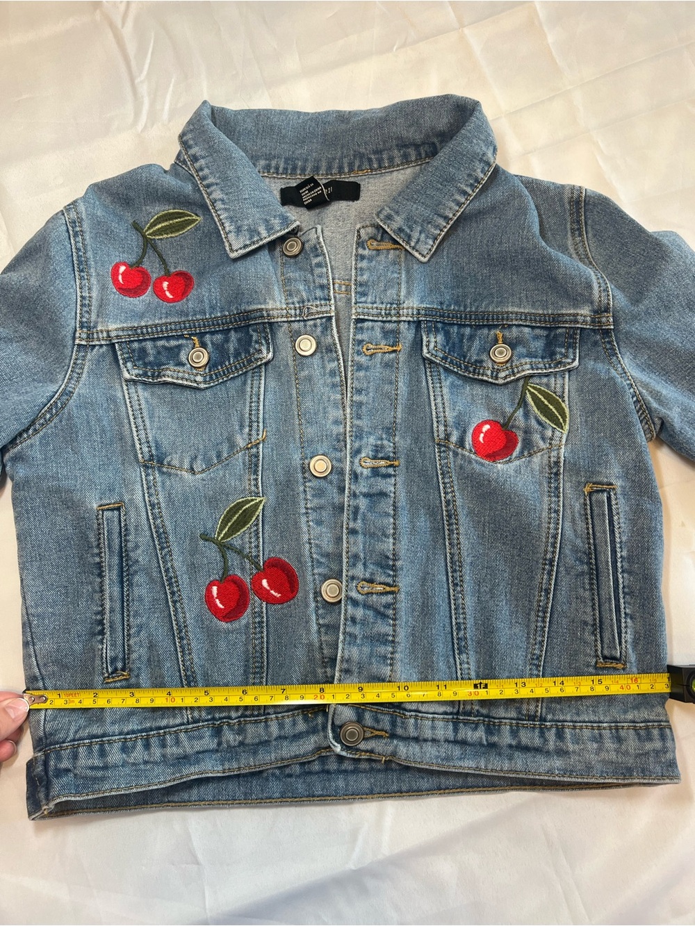 Forever 21 Light Blue Denim Jacket with Red Cherry Embroidery